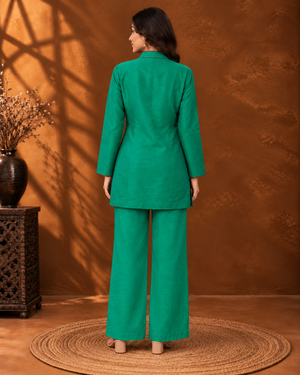 Emerald Green Raw Silk Jacket with Thread Embroidery & Maroon Satin Facings