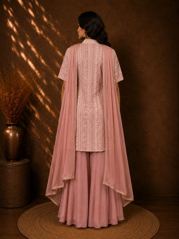 Dusty Rose Embroidered Shirt Kurta with Palazzo Pants