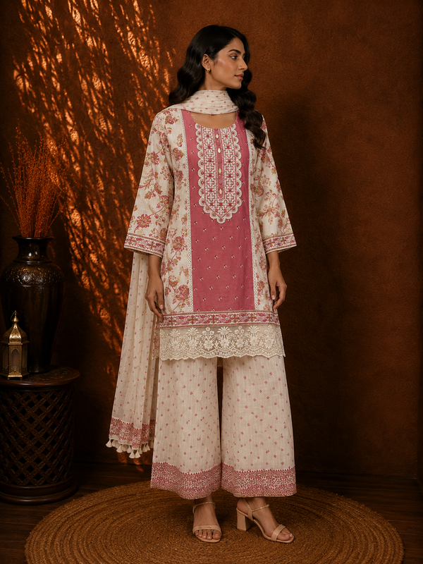 Swiss Cotton Voile Printed Short Kurti with Wide Palazzo Pants