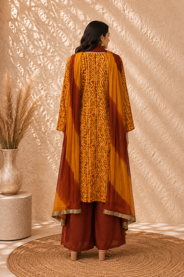 Bandhani Muslin Kurta Palazzo Set with Shaded Embroidered Dupatta