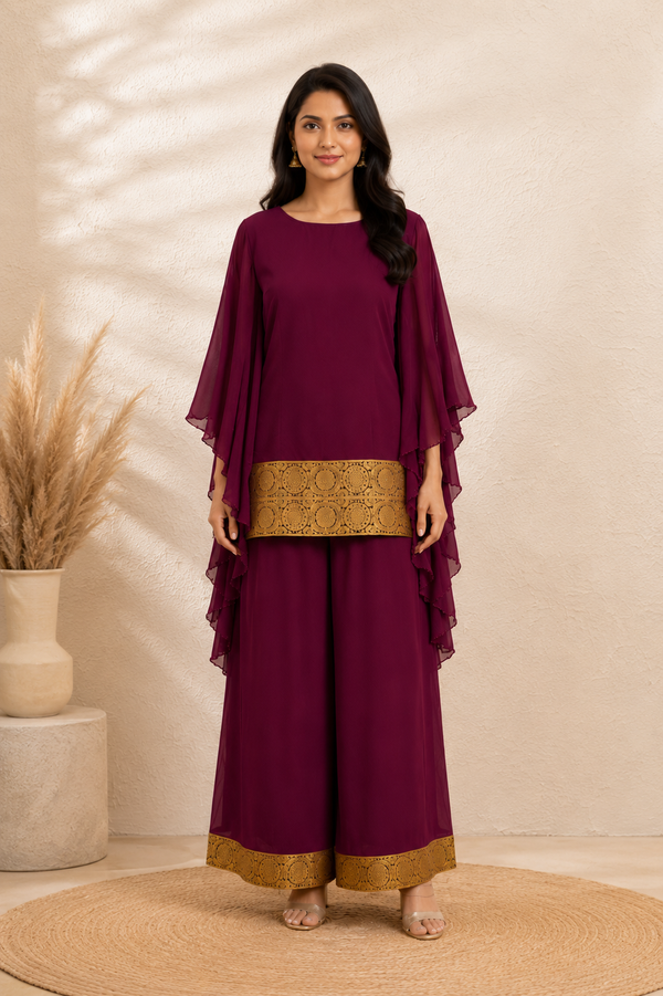 Veyra Deep Wine Georgette Palazzo Set - front