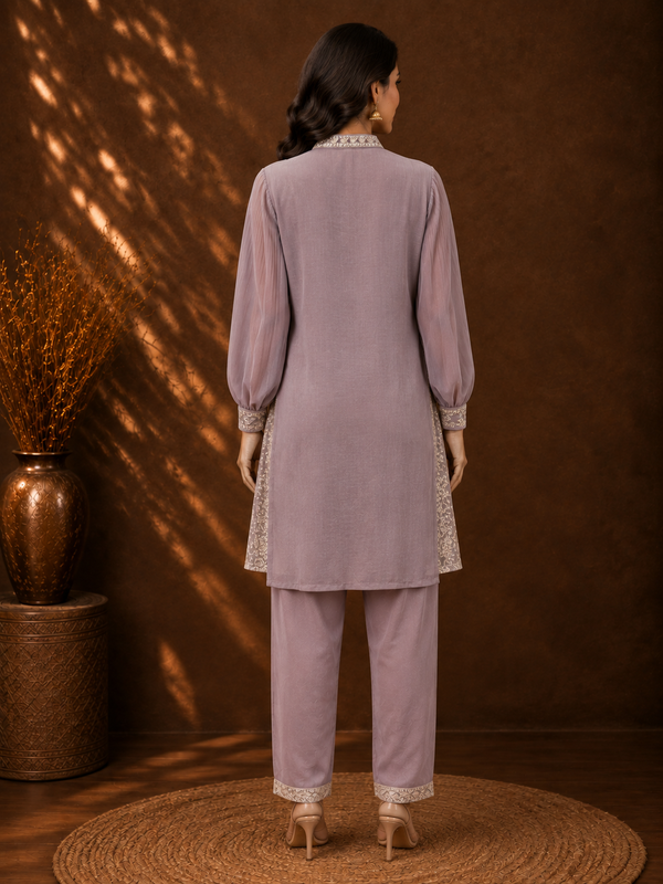 Lavender Crinkled Crepe Co-ord Set with Delicate Lucknowi Embroidery