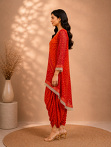 Rangrez Dhara Orange-Red Bandhani Tunic & Dhoti Pant Set with Gold Cutwork Detai - view 4
