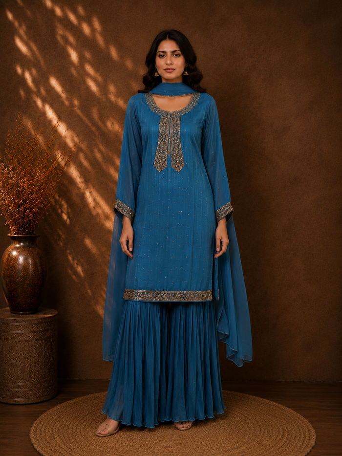Peacock Blue Satin Palazzo Set with Delicate Antique Zardozi Work